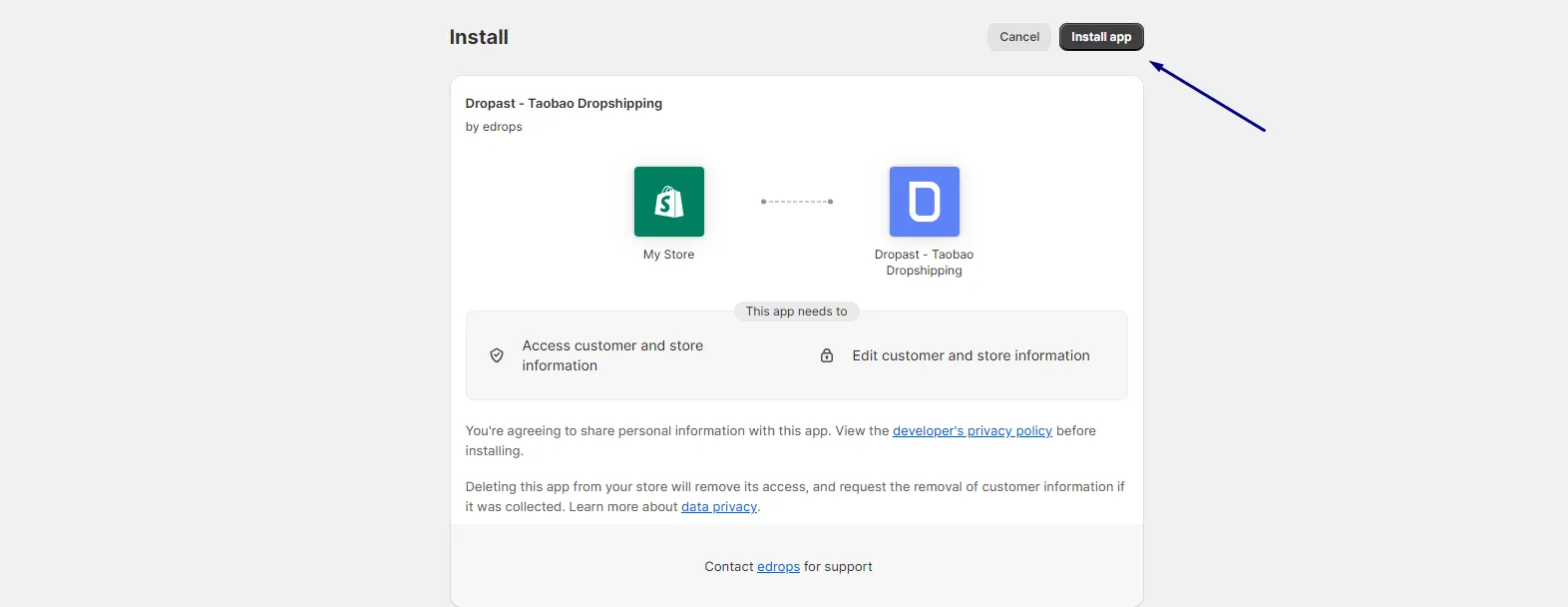 Step 6: Next, you choose “Install App” for syncing between Shopify and Taobao